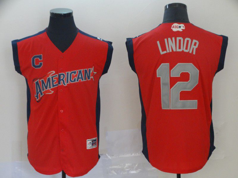 Men Cleveland Indians #12 Lindor Red 2019 All Star MLB Jerseys
